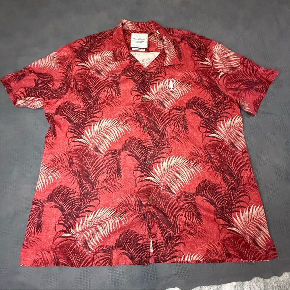 Tommy Bahama Hawaiian Stanford Shirt XXL Red Palm Short Sleeve Button Up  silk
